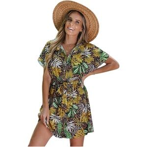 NWT Belted Tropical Leaf Leopard Print Dress M Cupshe
